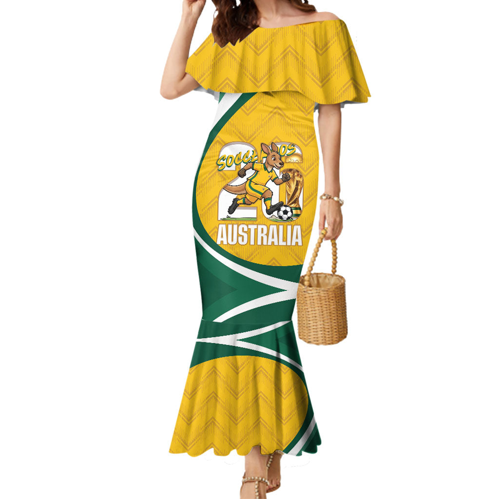 Australia 2026 Soccer Custom Mermaid Dress Go Socceroos Kangaroo Mascot Yellow Sporty