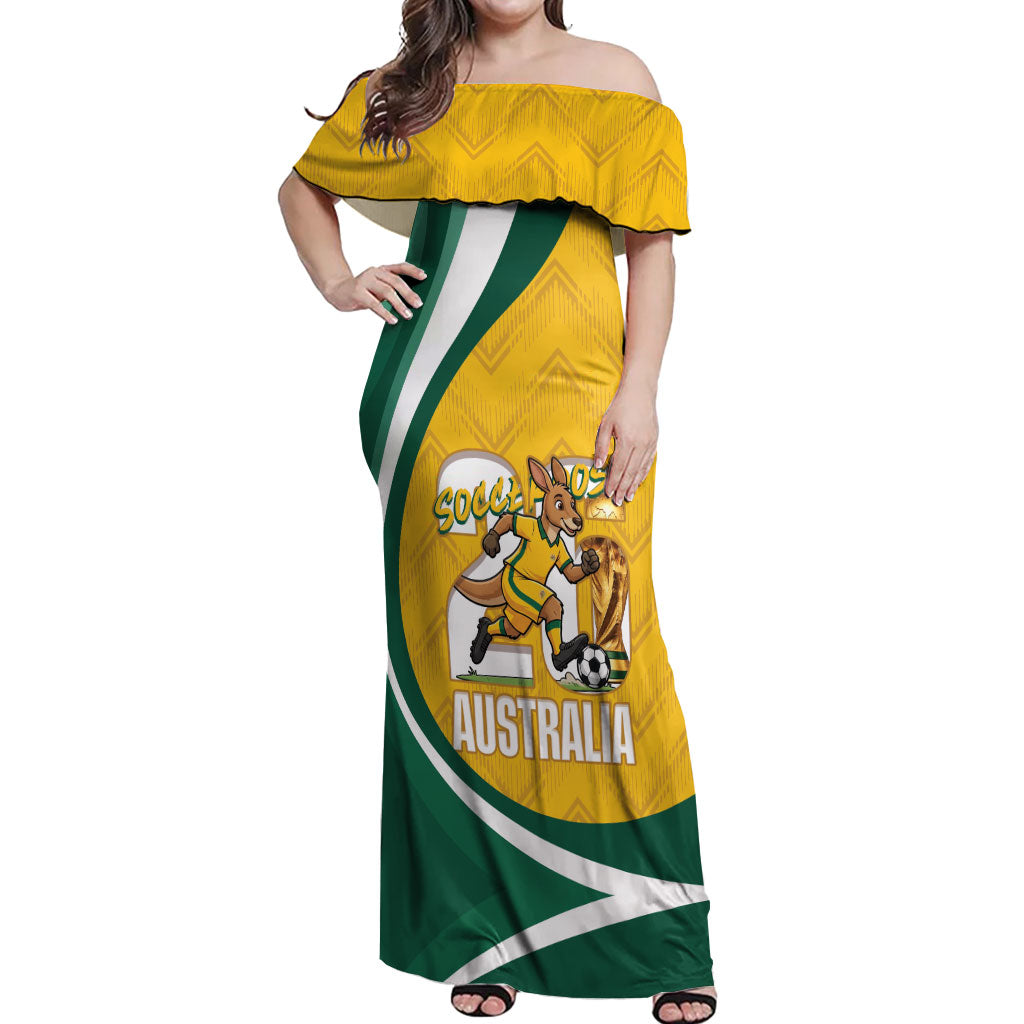 Australia 2026 Soccer Custom Off Shoulder Maxi Dress Go Socceroos Kangaroo Mascot Yellow Sporty