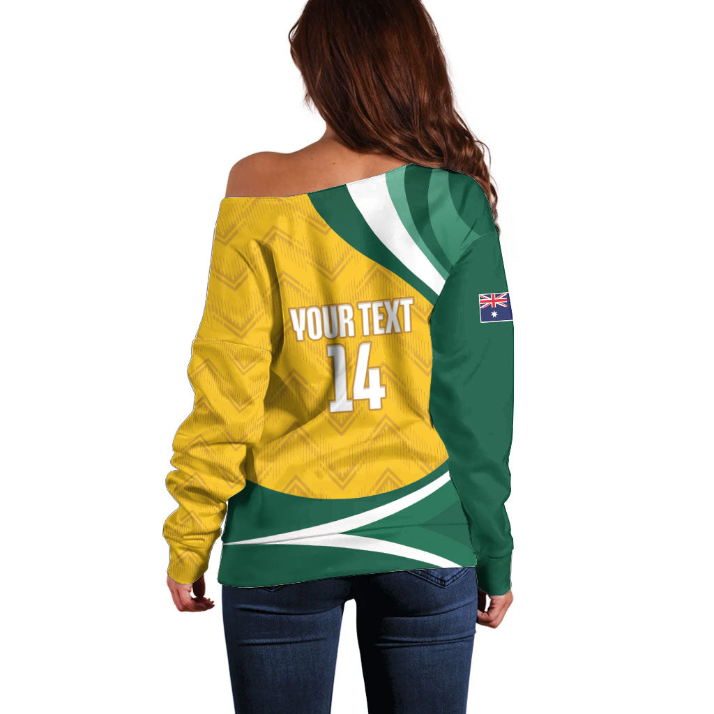 Australia 2026 Soccer Custom Off Shoulder Sweater Go Socceroos Kangaroo Mascot Yellow Sporty