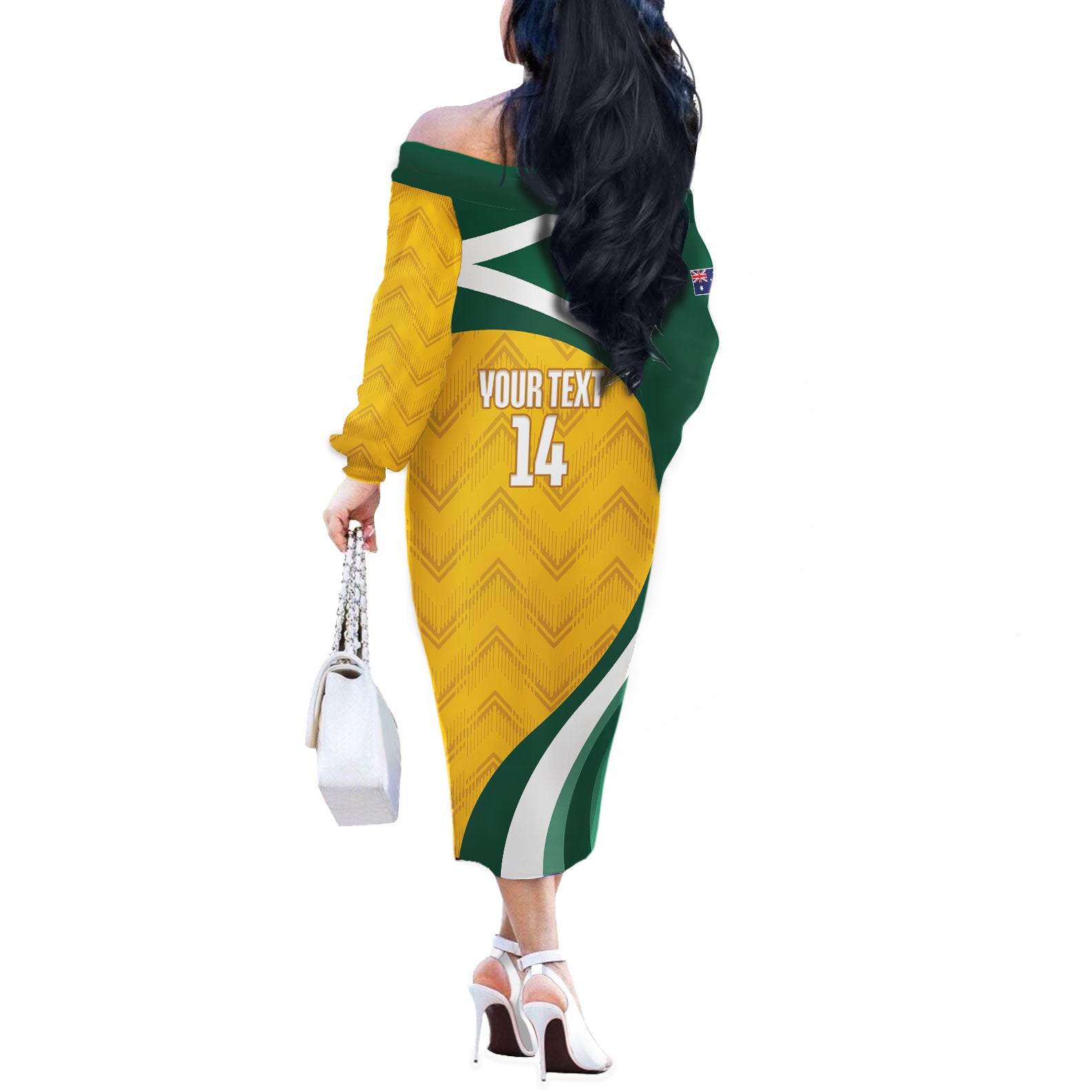 Australia 2026 Soccer Custom Off The Shoulder Long Sleeve Dress Go Socceroos Kangaroo Mascot Yellow Sporty