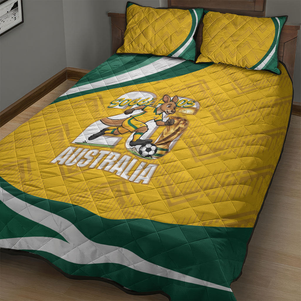 Australia 2026 Soccer Quilt Bed Set Go Socceroos Kangaroo Mascot Yellow Sporty
