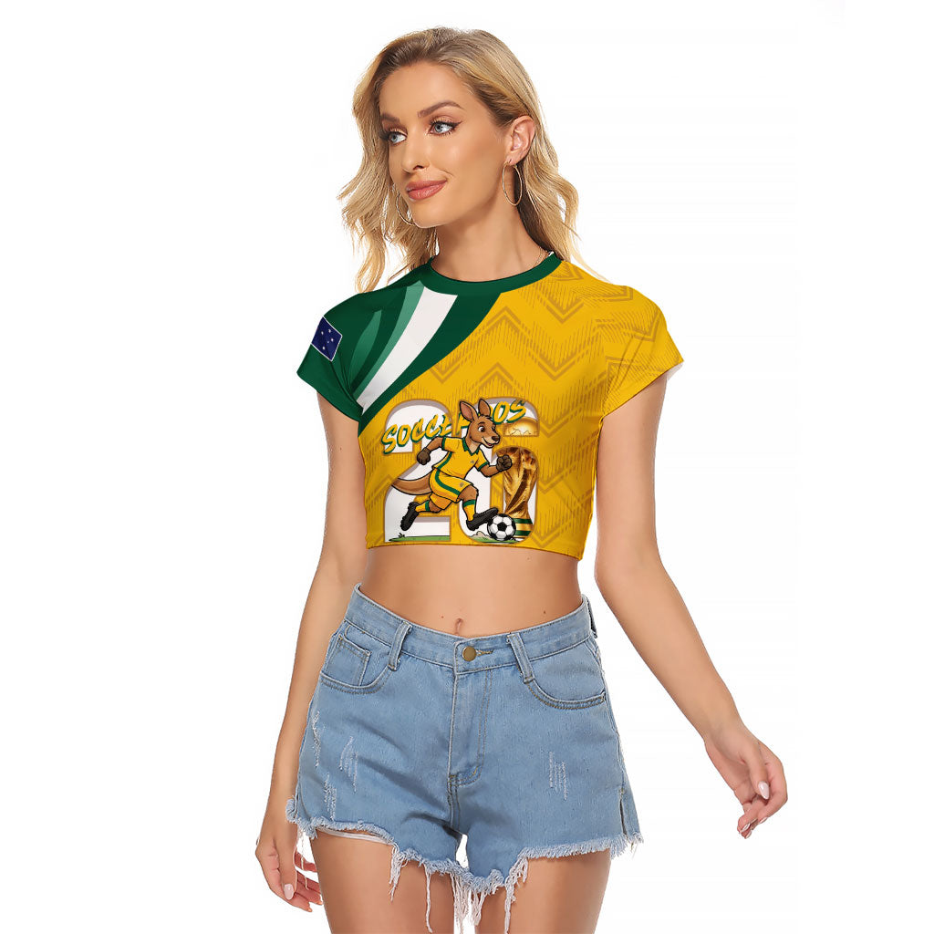 Australia 2026 Soccer Custom Raglan Cropped T Shirt Go Socceroos Kangaroo Mascot Yellow Sporty