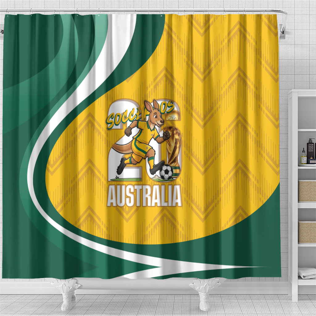 Australia 2026 Soccer Shower Curtain Go Socceroos Kangaroo Mascot Yellow Sporty