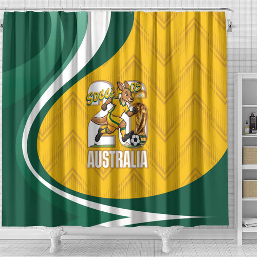 Australia 2026 Soccer Shower Curtain Go Socceroos Kangaroo Mascot Yellow Sporty