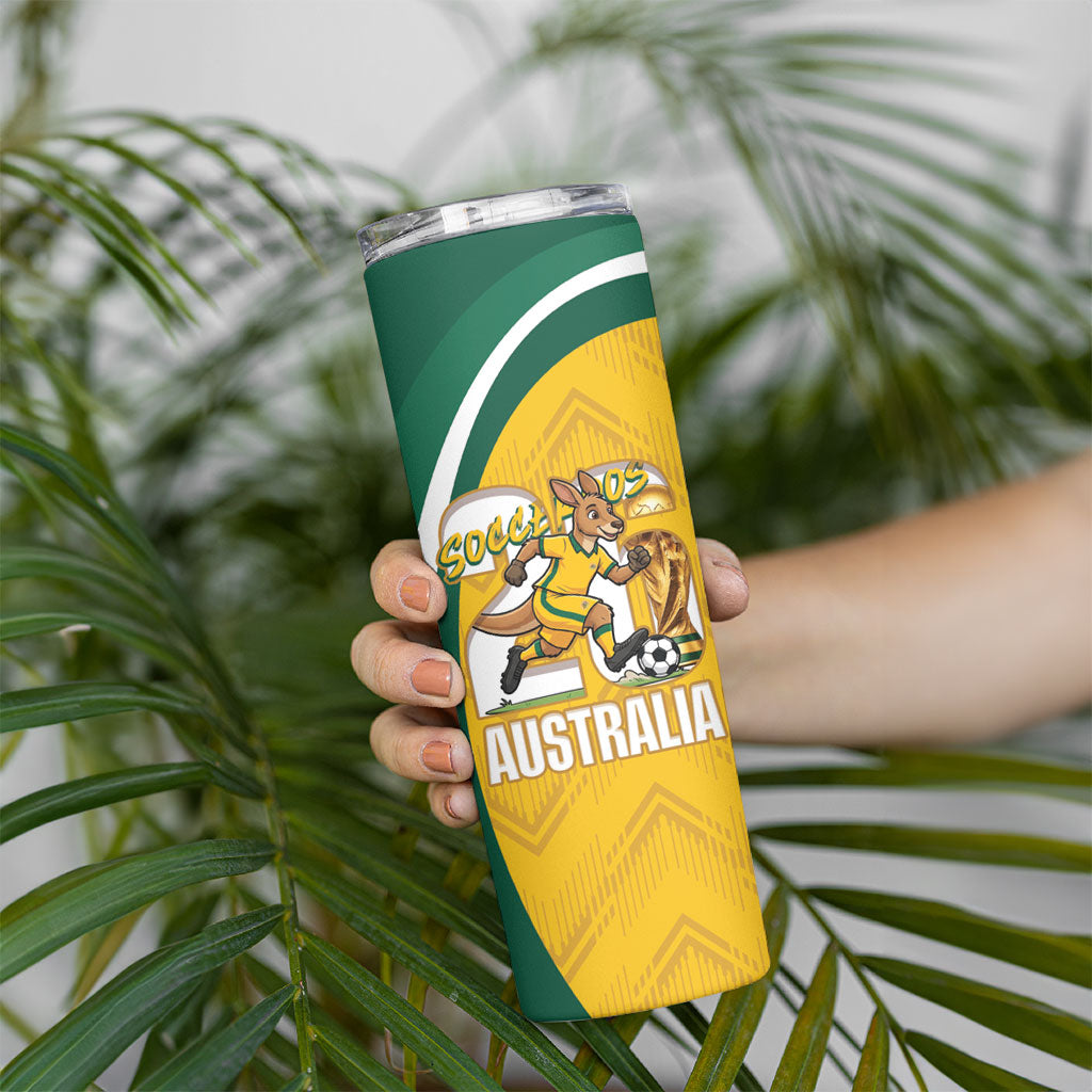 Australia 2026 Soccer Custom Skinny Tumbler Go Socceroos Kangaroo Mascot Yellow Sporty