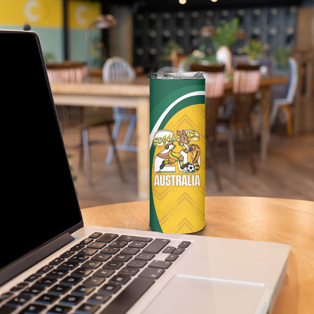 Australia 2026 Soccer Custom Skinny Tumbler Go Socceroos Kangaroo Mascot Yellow Sporty