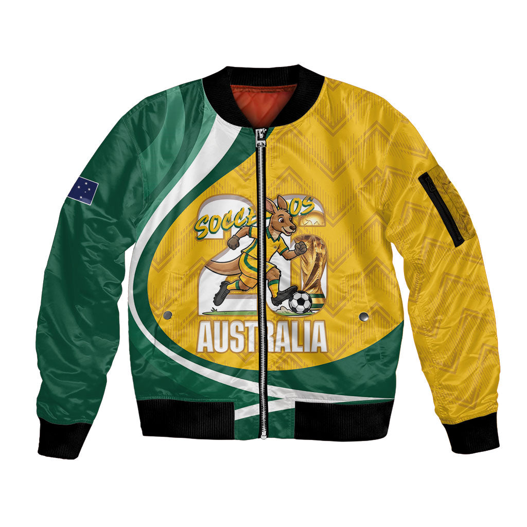 Australia 2026 Soccer Custom Sleeve Zip Bomber Jacket Go Socceroos Kangaroo Mascot Yellow Sporty