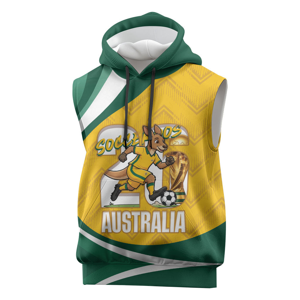 Australia 2026 Soccer Custom Sleeveless Hoodie Go Socceroos Kangaroo Mascot Yellow Sporty