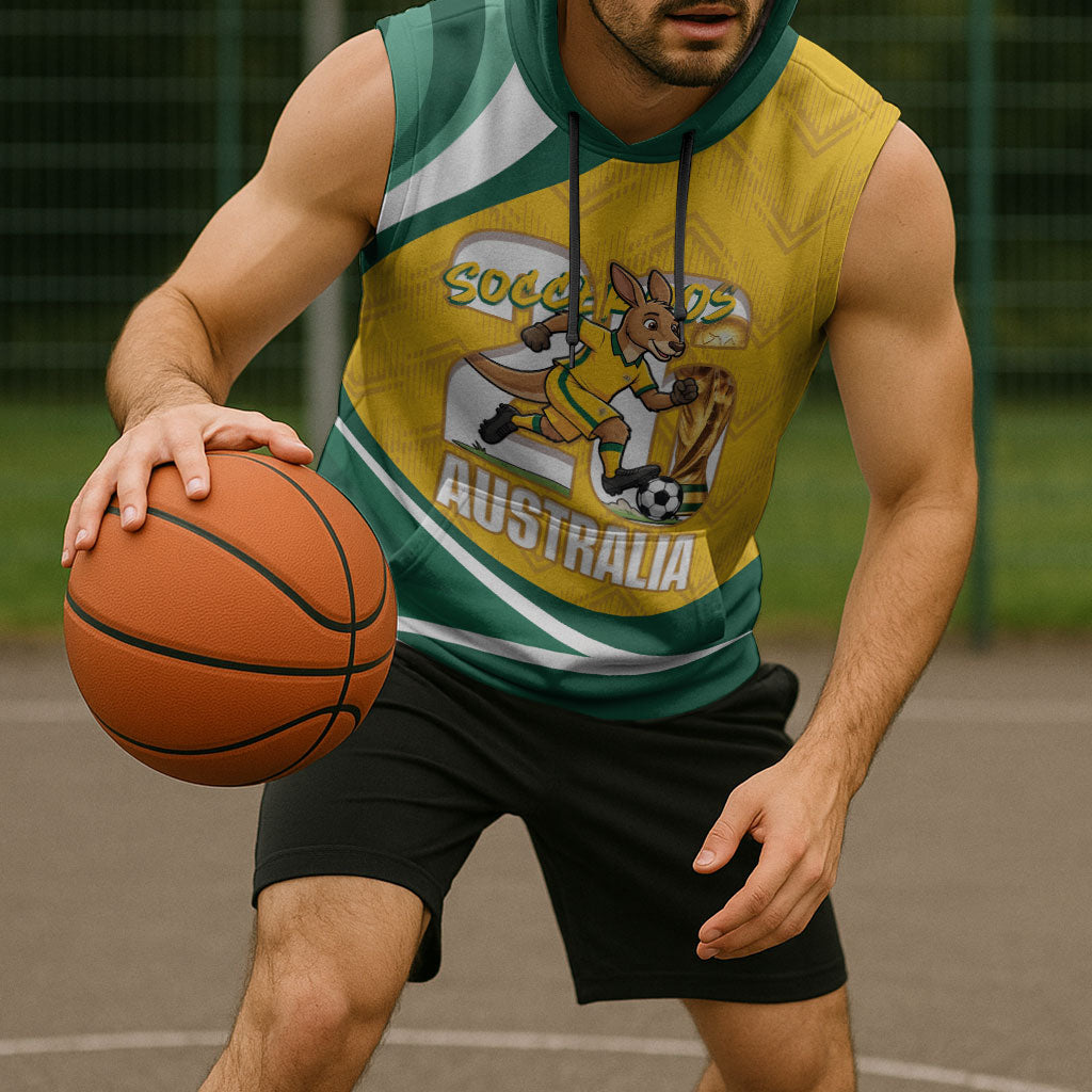 Australia 2026 Soccer Custom Sleeveless Hoodie Go Socceroos Kangaroo Mascot Yellow Sporty