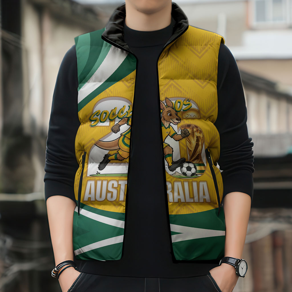 Australia 2026 Soccer Custom Sleeveless Puffer Jacket Go Socceroos Kangaroo Mascot Yellow Sporty