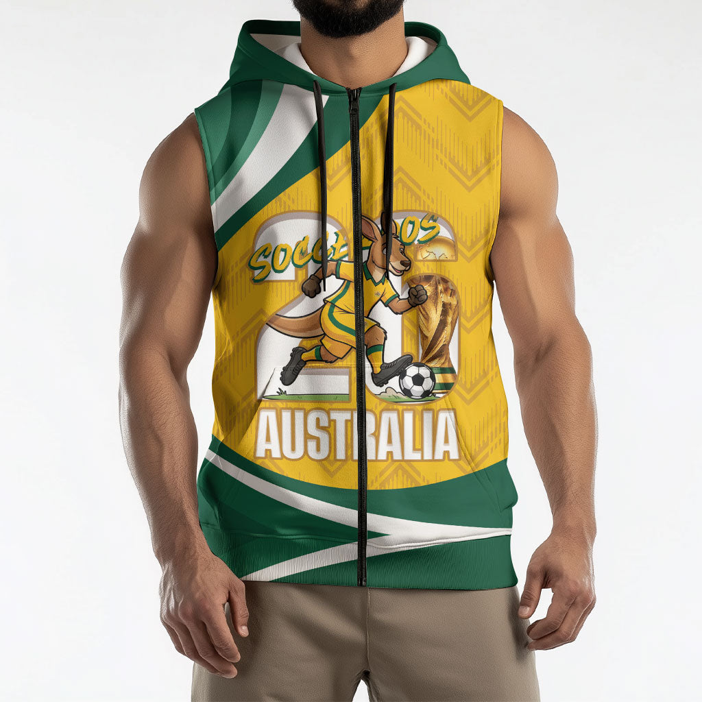 Australia 2026 Soccer Custom Sleeveless Zip Hoodie Go Socceroos Kangaroo Mascot Yellow Sporty