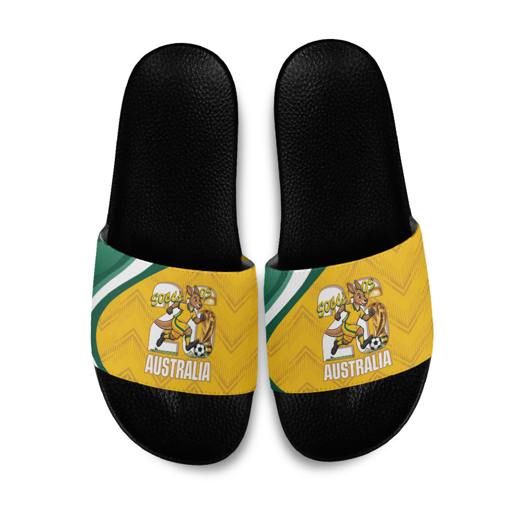 Australia 2026 Soccer Slide Sandals Go Socceroos Kangaroo Mascot Yellow Sporty