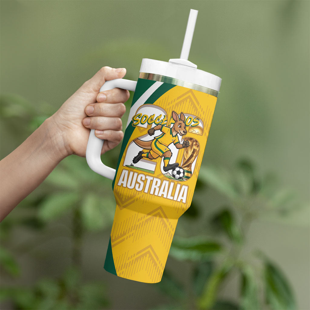 Australia 2026 Soccer Custom Tumbler With Handle Go Socceroos Kangaroo Mascot Yellow Sporty