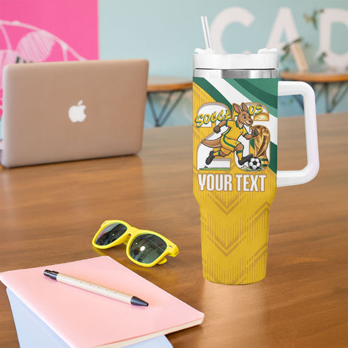 Australia 2026 Soccer Custom Tumbler With Handle Go Socceroos Kangaroo Mascot Yellow Sporty