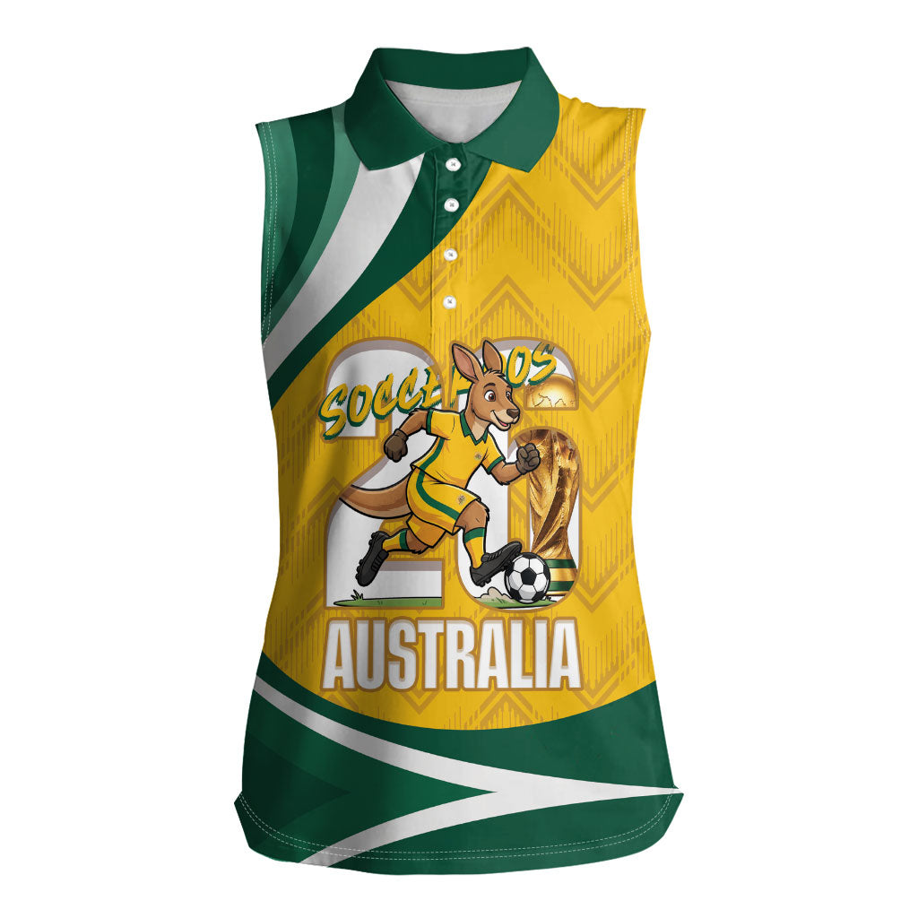 Australia 2026 Soccer Custom Women Sleeveless Polo Shirt Go Socceroos Kangaroo Mascot Yellow Sporty