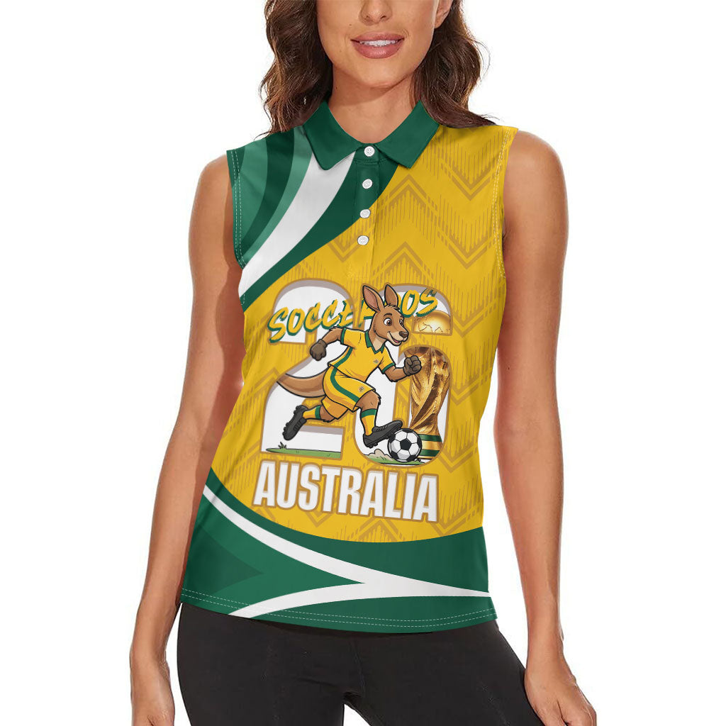 Australia 2026 Soccer Custom Women Sleeveless Polo Shirt Go Socceroos Kangaroo Mascot Yellow Sporty