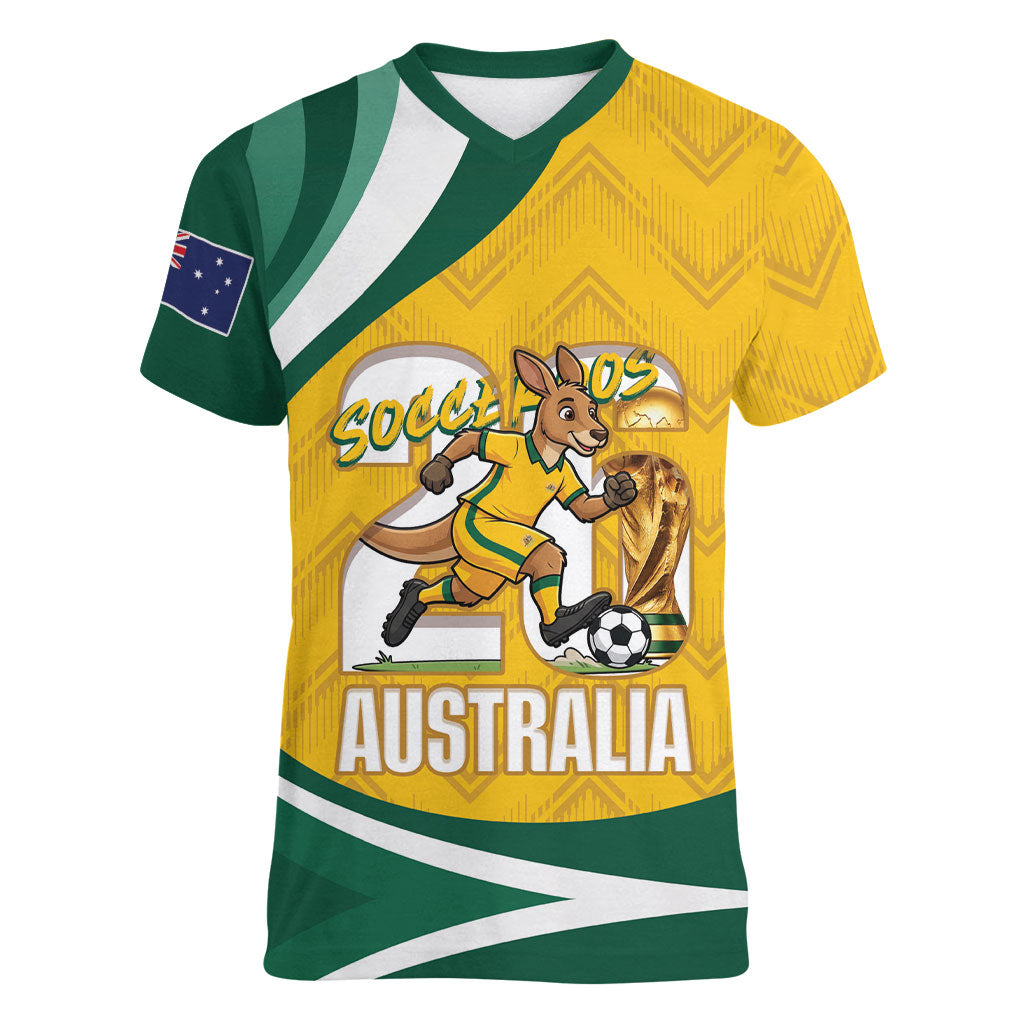 Australia 2026 Soccer Custom Women V-Neck T-Shirt Go Socceroos Kangaroo Mascot Yellow Sporty