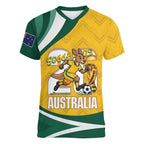 Australia 2026 Soccer Custom Women V-Neck T-Shirt Go Socceroos Kangaroo Mascot Yellow Sporty