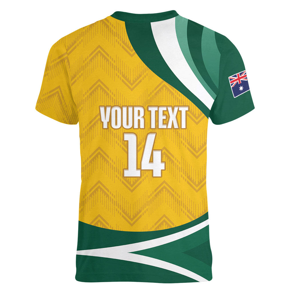 Australia 2026 Soccer Custom Women V-Neck T-Shirt Go Socceroos Kangaroo Mascot Yellow Sporty
