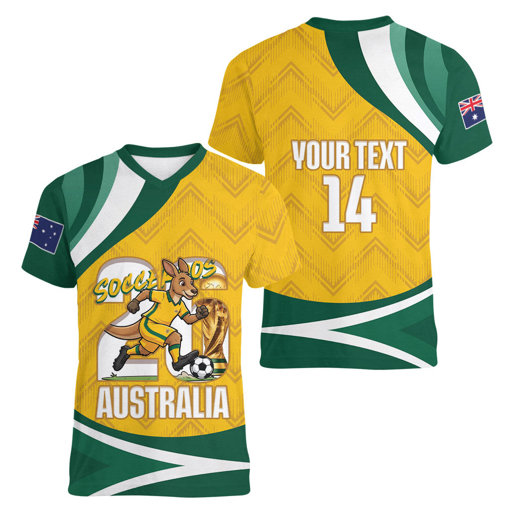Australia 2026 Soccer Custom Women V-Neck T-Shirt Go Socceroos Kangaroo Mascot Yellow Sporty