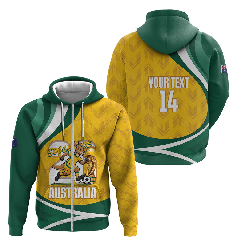 Australia 2026 Soccer Custom Zip Hoodie Go Socceroos Kangaroo Mascot Yellow Sporty
