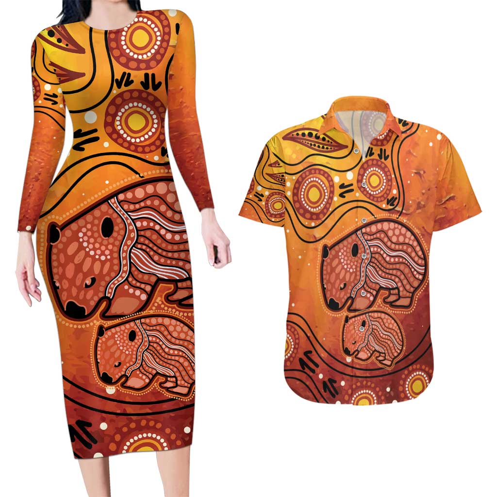 Australia Wombat Couples Matching Long Sleeve Bodycon Dress and Hawaiian Shirt Indigenous Art