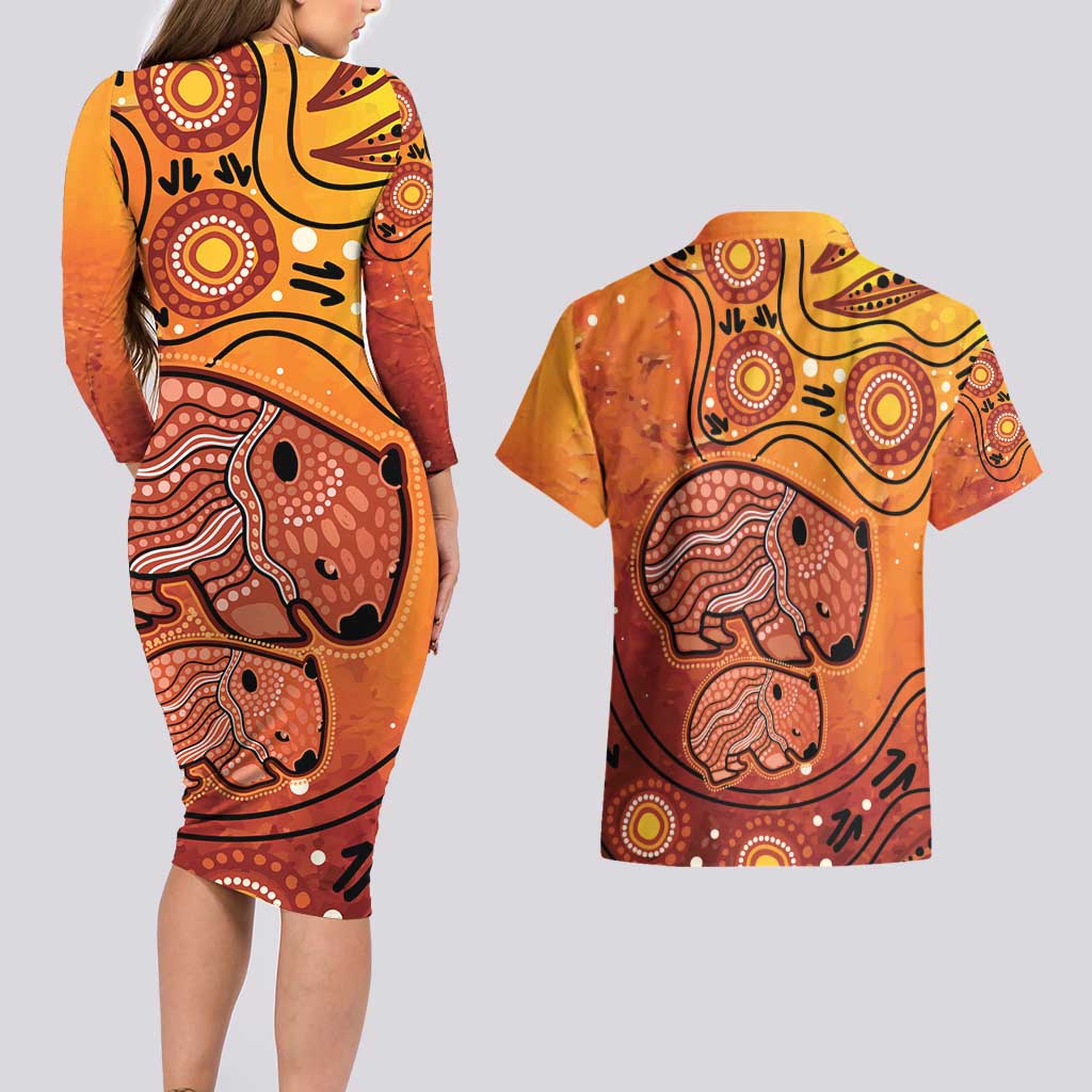 Australia Wombat Couples Matching Long Sleeve Bodycon Dress and Hawaiian Shirt Indigenous Art