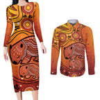Australia Wombat Couples Matching Long Sleeve Bodycon Dress and Long Sleeve Button Shirt Indigenous Art