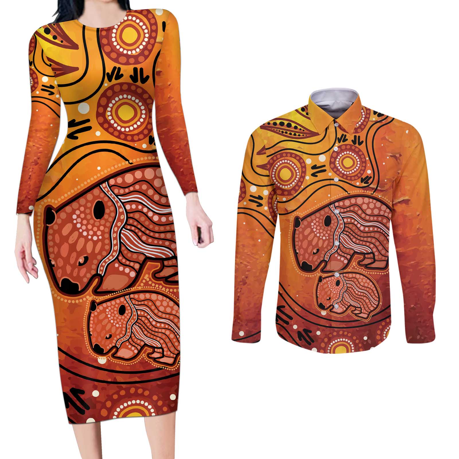 Australia Wombat Couples Matching Long Sleeve Bodycon Dress and Long Sleeve Button Shirt Indigenous Art
