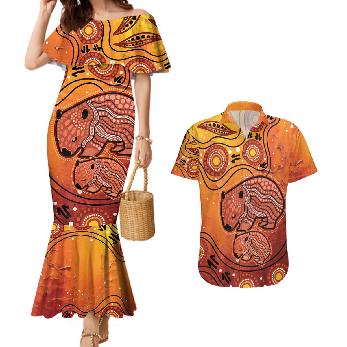 Australia Wombat Couples Matching Mermaid Dress and Hawaiian Shirt Indigenous Art