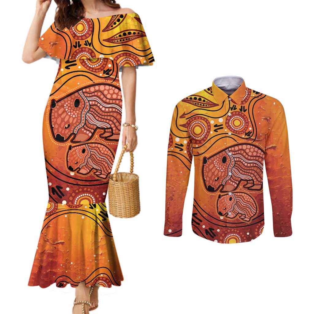 Australia Wombat Couples Matching Mermaid Dress and Long Sleeve Button Shirt Indigenous Art