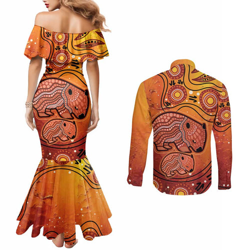 Australia Wombat Couples Matching Mermaid Dress and Long Sleeve Button Shirt Indigenous Art