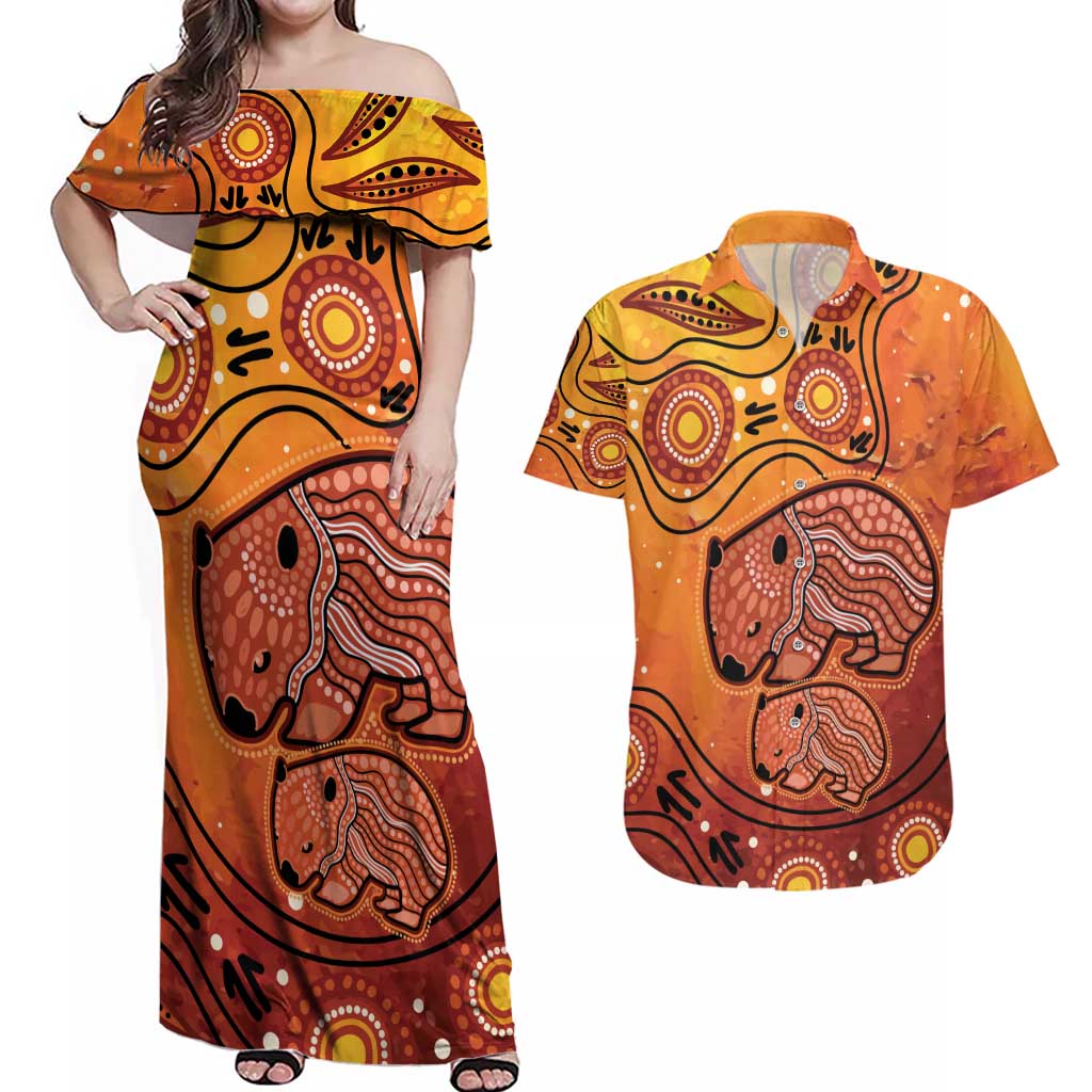 Australia Wombat Couples Matching Off Shoulder Maxi Dress and Hawaiian Shirt Indigenous Art