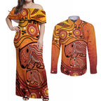 Australia Wombat Couples Matching Off Shoulder Maxi Dress and Long Sleeve Button Shirt Indigenous Art