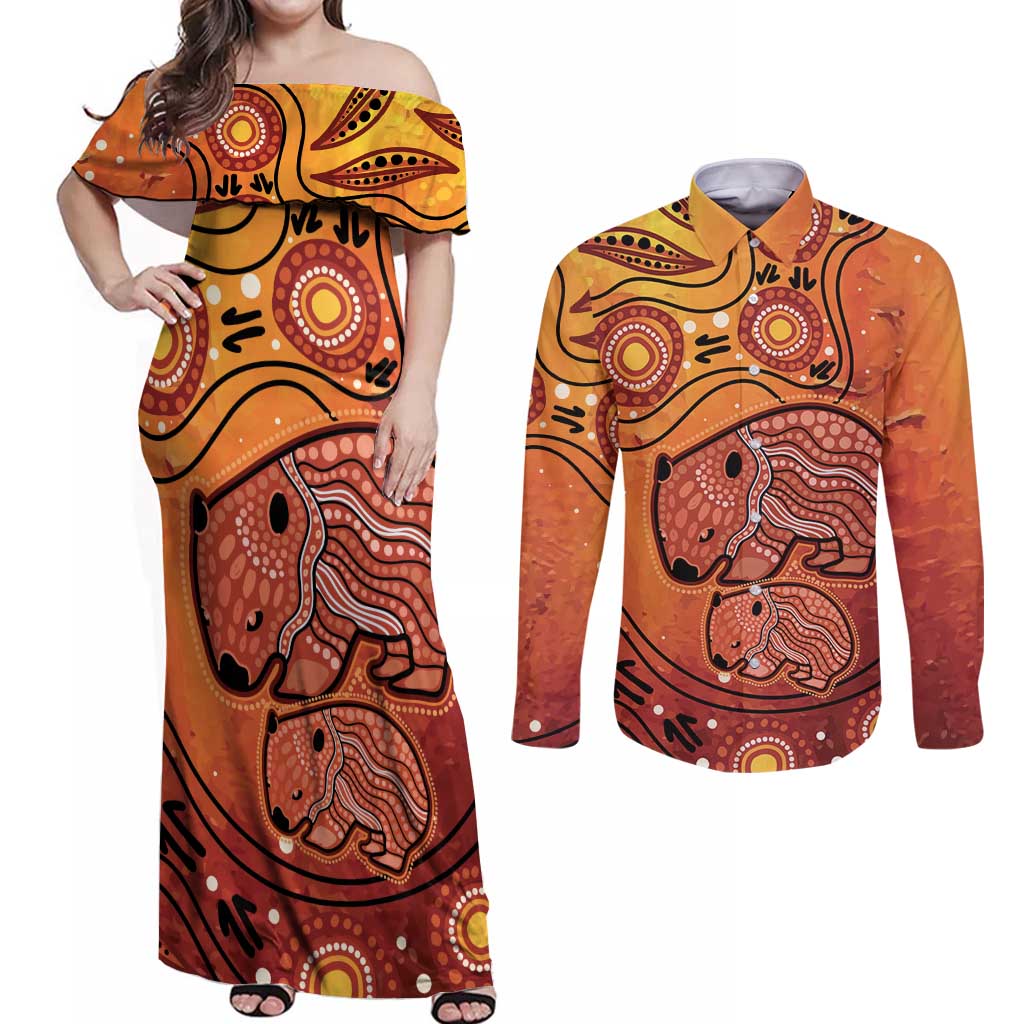 Australia Wombat Couples Matching Off Shoulder Maxi Dress and Long Sleeve Button Shirt Indigenous Art
