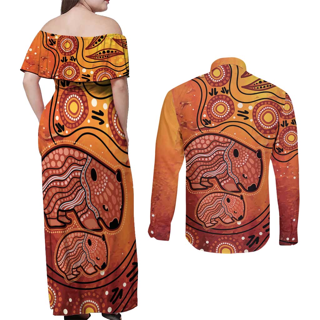 Australia Wombat Couples Matching Off Shoulder Maxi Dress and Long Sleeve Button Shirt Indigenous Art
