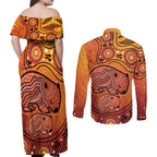 Australia Wombat Couples Matching Off Shoulder Maxi Dress and Long Sleeve Button Shirt Indigenous Art