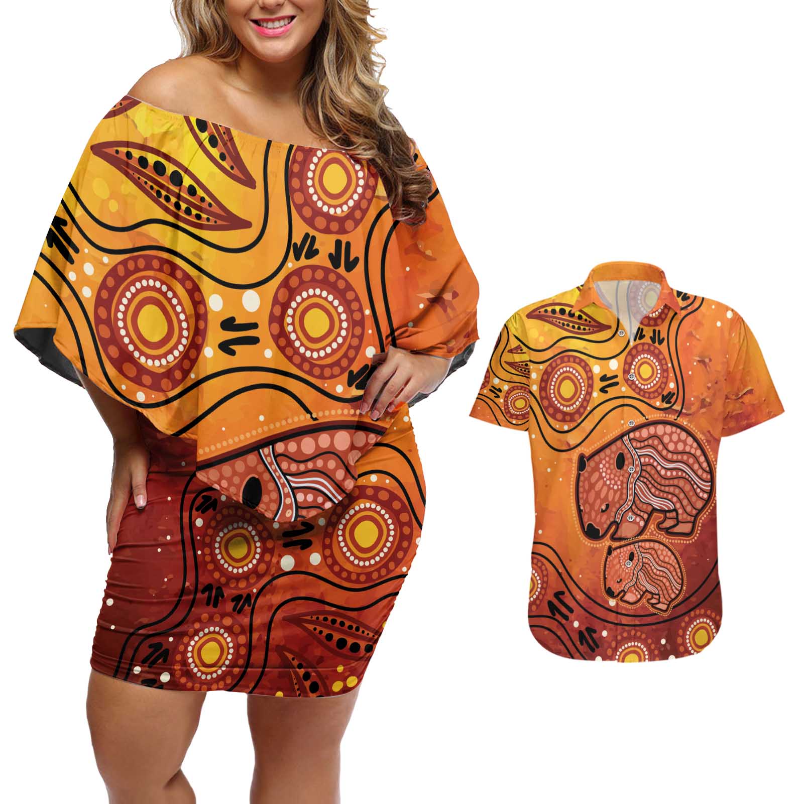 Australia Wombat Couples Matching Off Shoulder Short Dress and Hawaiian Shirt Indigenous Art