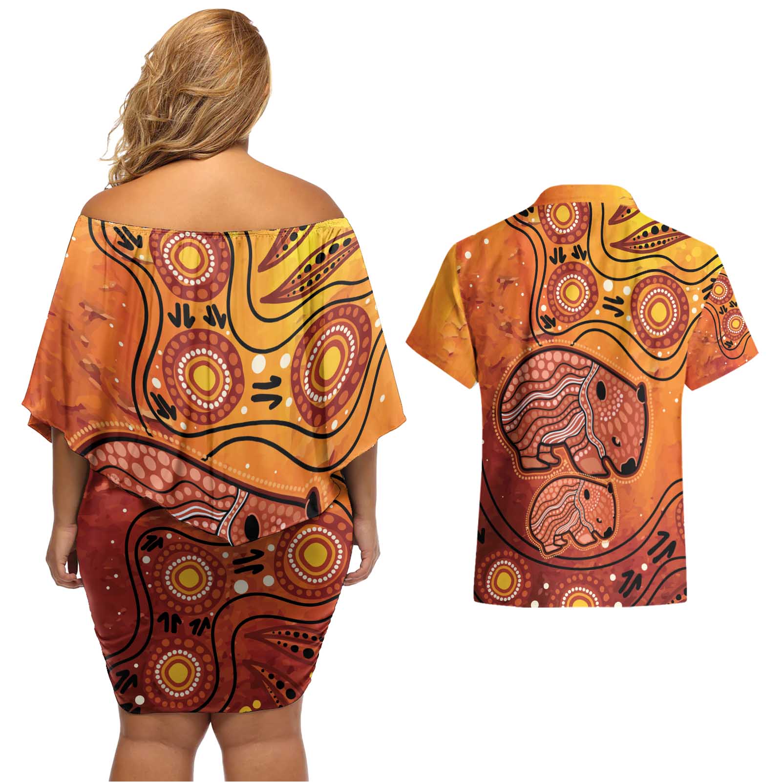 Australia Wombat Couples Matching Off Shoulder Short Dress and Hawaiian Shirt Indigenous Art