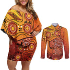 Australia Wombat Couples Matching Off Shoulder Short Dress and Long Sleeve Button Shirt Indigenous Art
