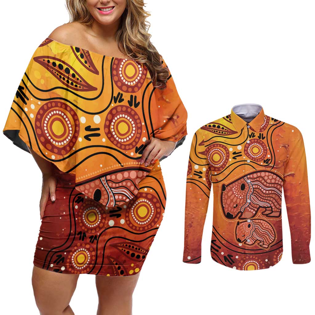 Australia Wombat Couples Matching Off Shoulder Short Dress and Long Sleeve Button Shirt Indigenous Art