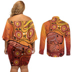 Australia Wombat Couples Matching Off Shoulder Short Dress and Long Sleeve Button Shirt Indigenous Art