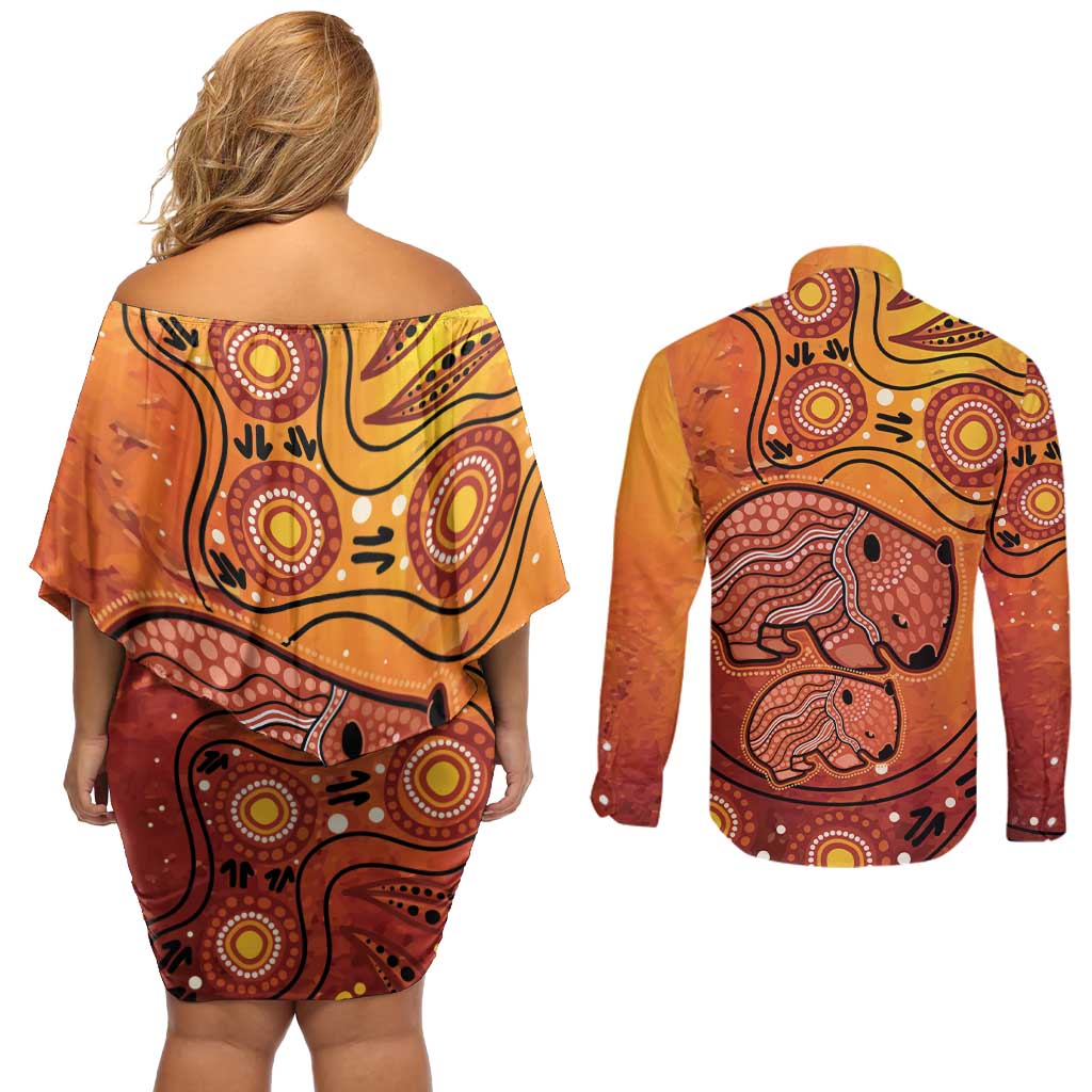 Australia Wombat Couples Matching Off Shoulder Short Dress and Long Sleeve Button Shirt Indigenous Art