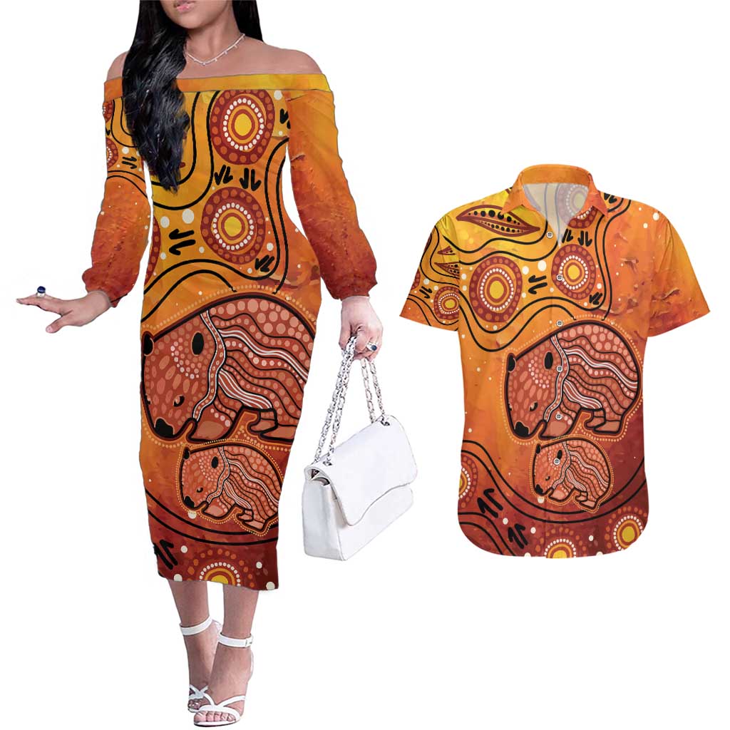 Australia Wombat Couples Matching Off The Shoulder Long Sleeve Dress and Hawaiian Shirt Indigenous Art