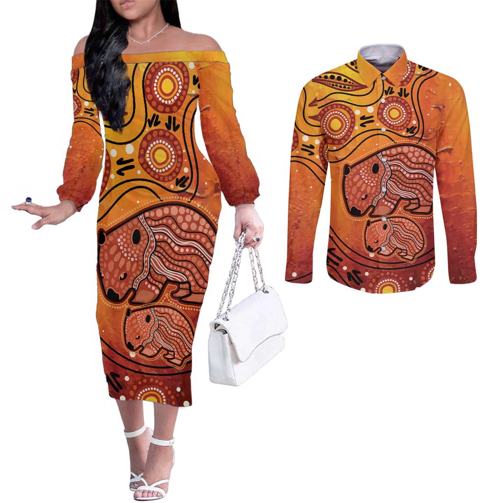 Australia Wombat Couples Matching Off The Shoulder Long Sleeve Dress and Long Sleeve Button Shirt Indigenous Art