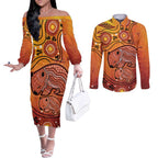 Australia Wombat Couples Matching Off The Shoulder Long Sleeve Dress and Long Sleeve Button Shirt Indigenous Art
