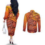 Australia Wombat Couples Matching Off The Shoulder Long Sleeve Dress and Long Sleeve Button Shirt Indigenous Art