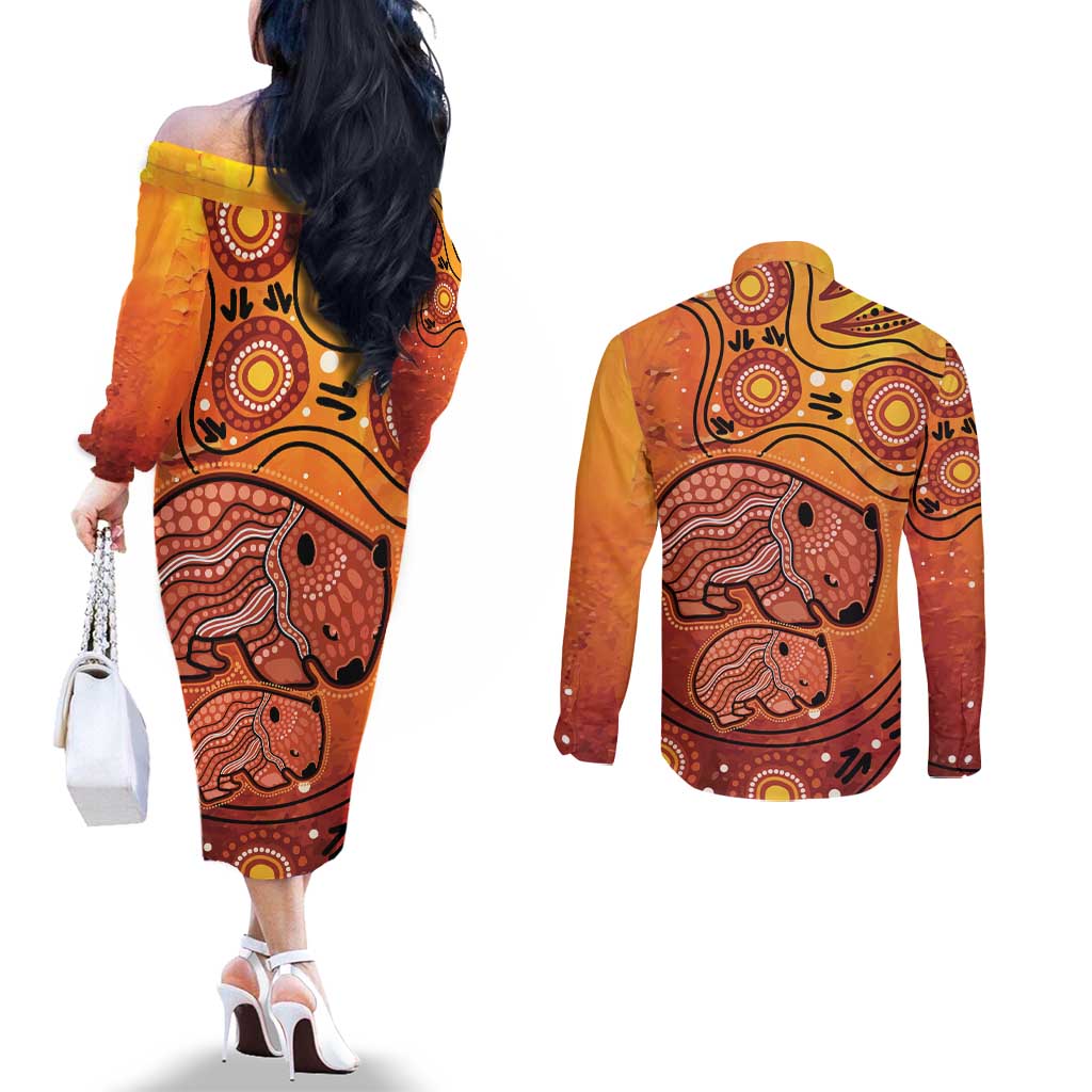 Australia Wombat Couples Matching Off The Shoulder Long Sleeve Dress and Long Sleeve Button Shirt Indigenous Art