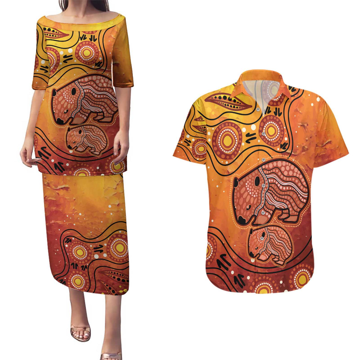 Australia Wombat Couples Matching Puletasi and Hawaiian Shirt Indigenous Art