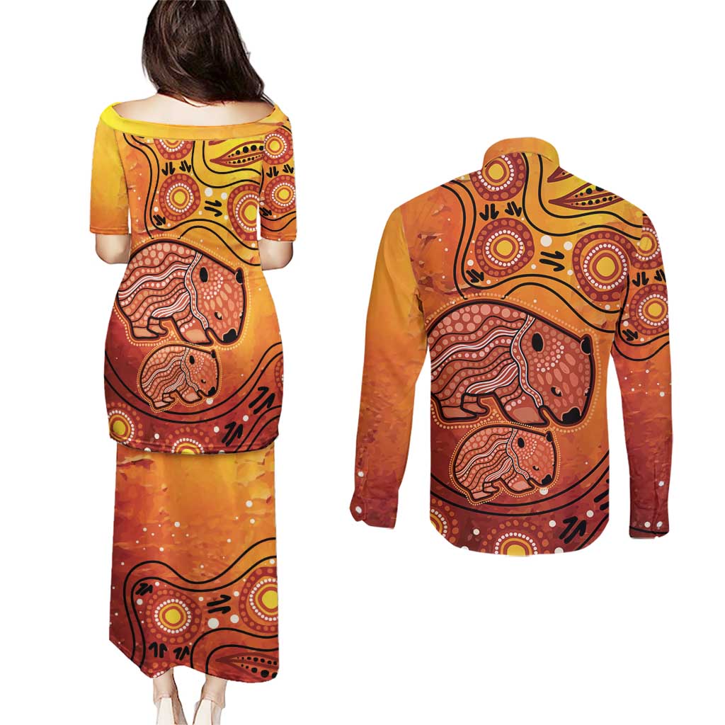 Australia Wombat Couples Matching Puletasi and Long Sleeve Button Shirt Indigenous Art